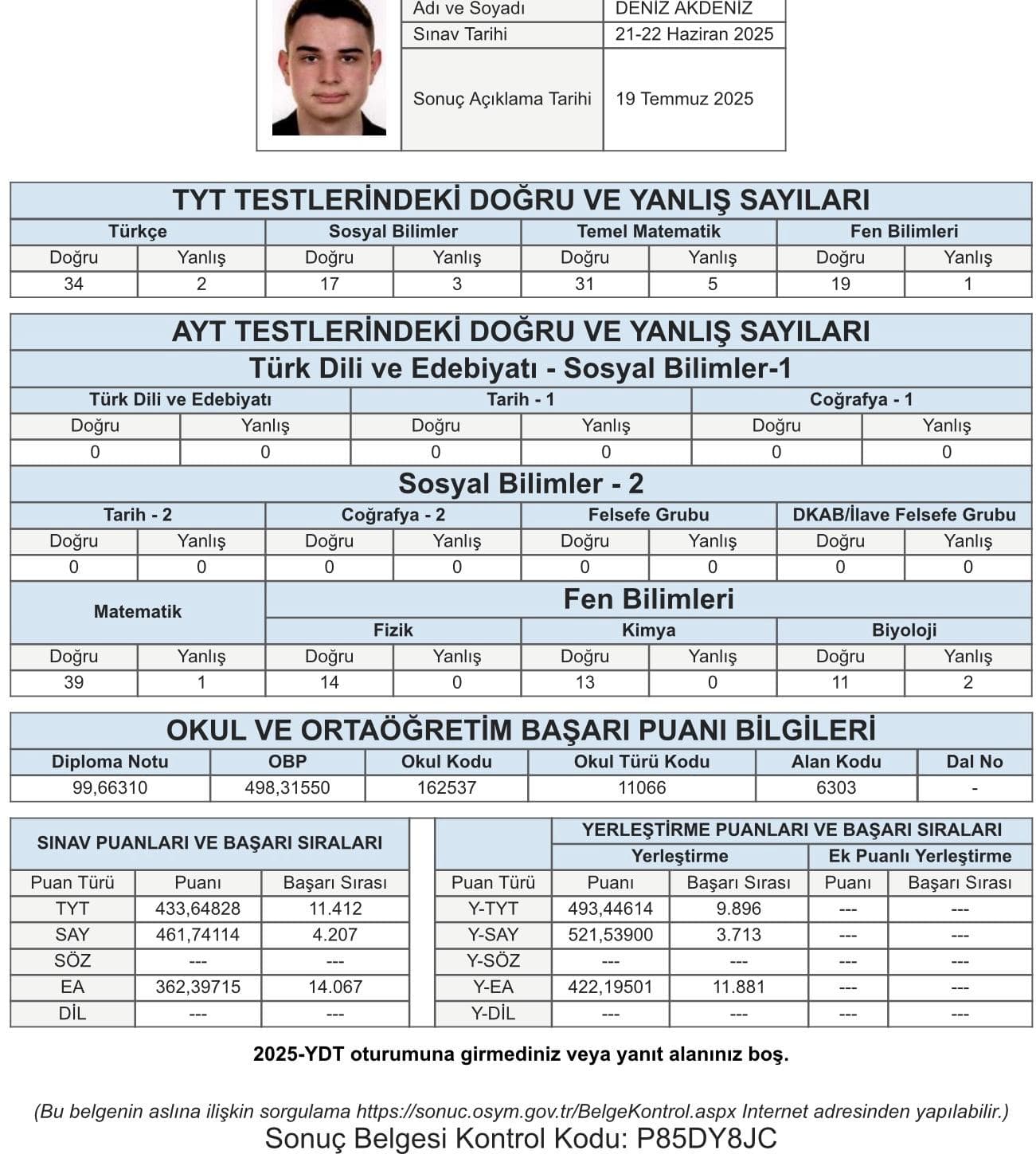 Deniz Akdeniz YKS sonuç belgesi