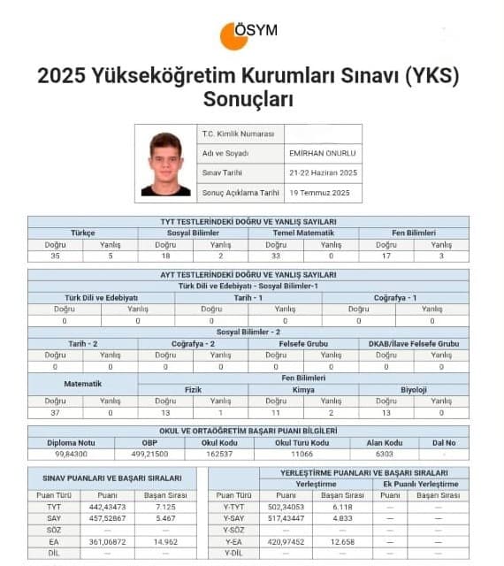 Emirhan Onurlu YKS sonuç belgesi