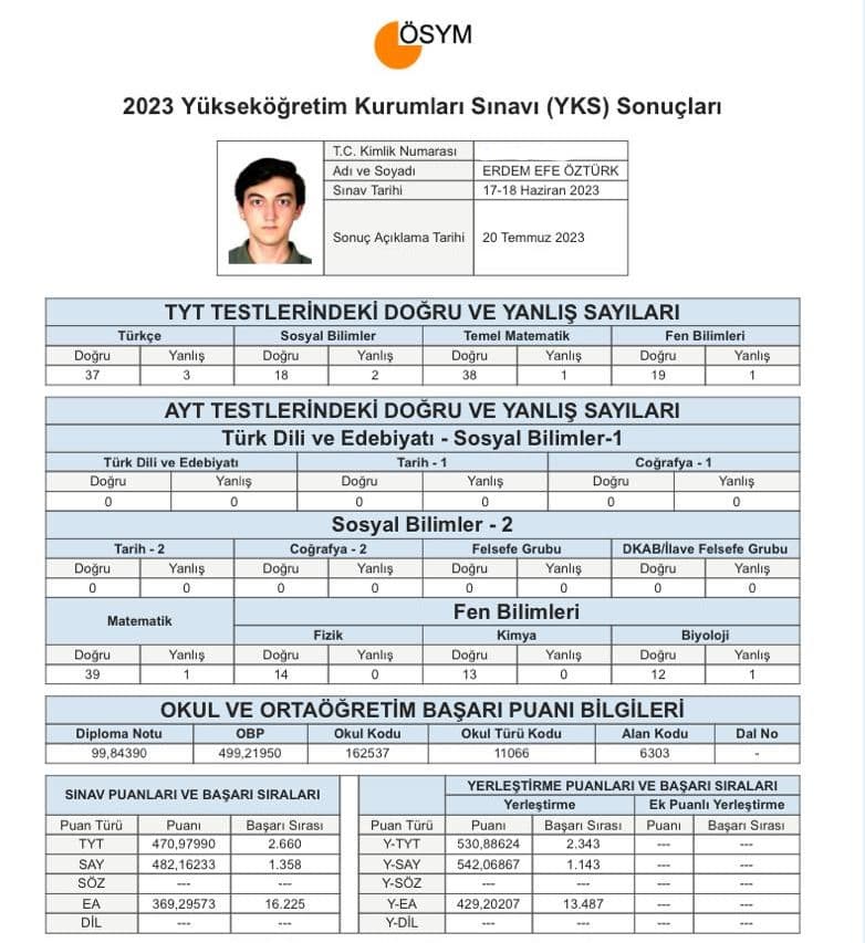 Erdem Efe Öztürk YKS sonuç belgesi