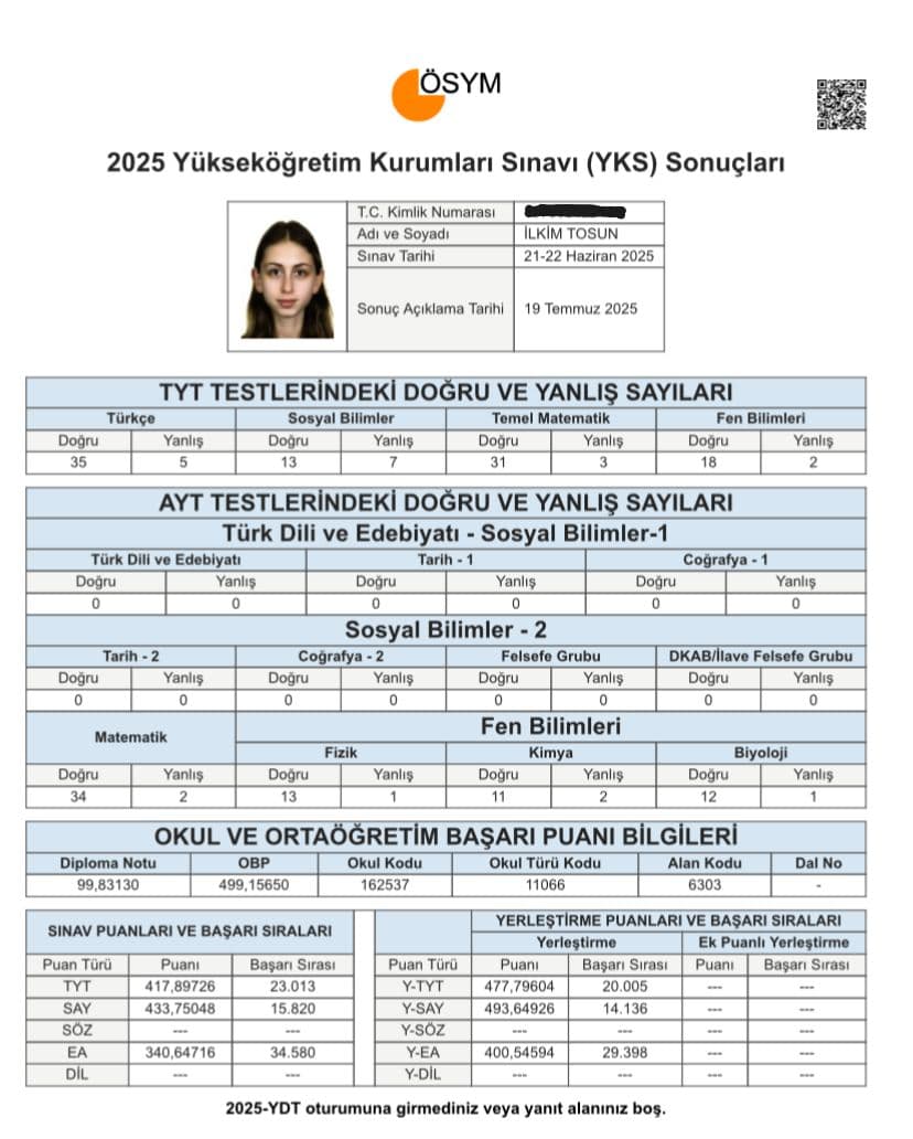 İlkim Tosun YKS sonuç belgesi