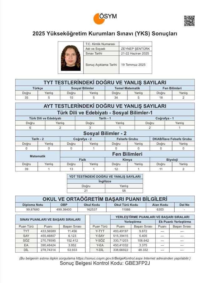 Zeynep Şentürk YKS sonuç belgesi
